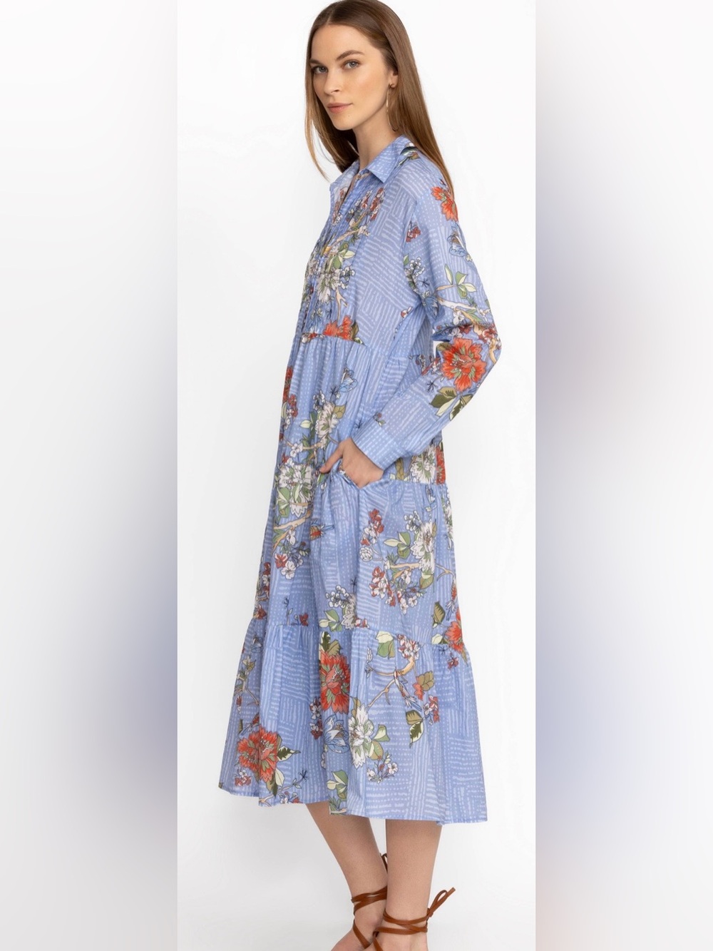 Johnny Was Blue Floral Tiered Maxi Dress, Size Small
